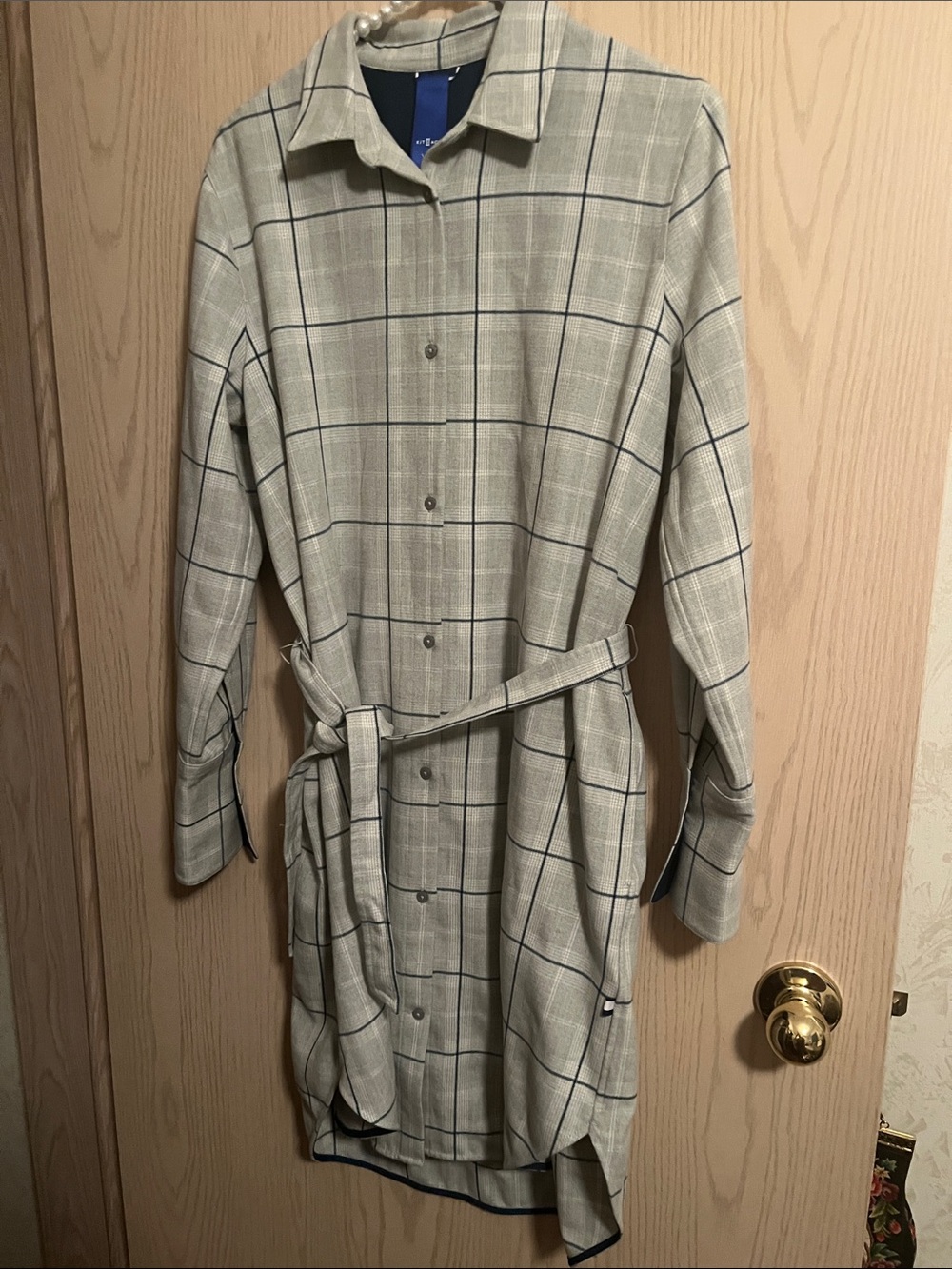 Kit and Ace Cream Plaid Belted Trench Style Shirt Dress